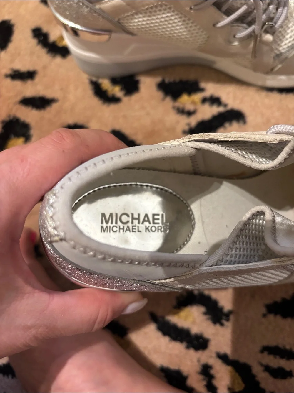 Michael Kors LIV Leather & Mesh Metallic Silver Lace-Up Wedge Sneakers